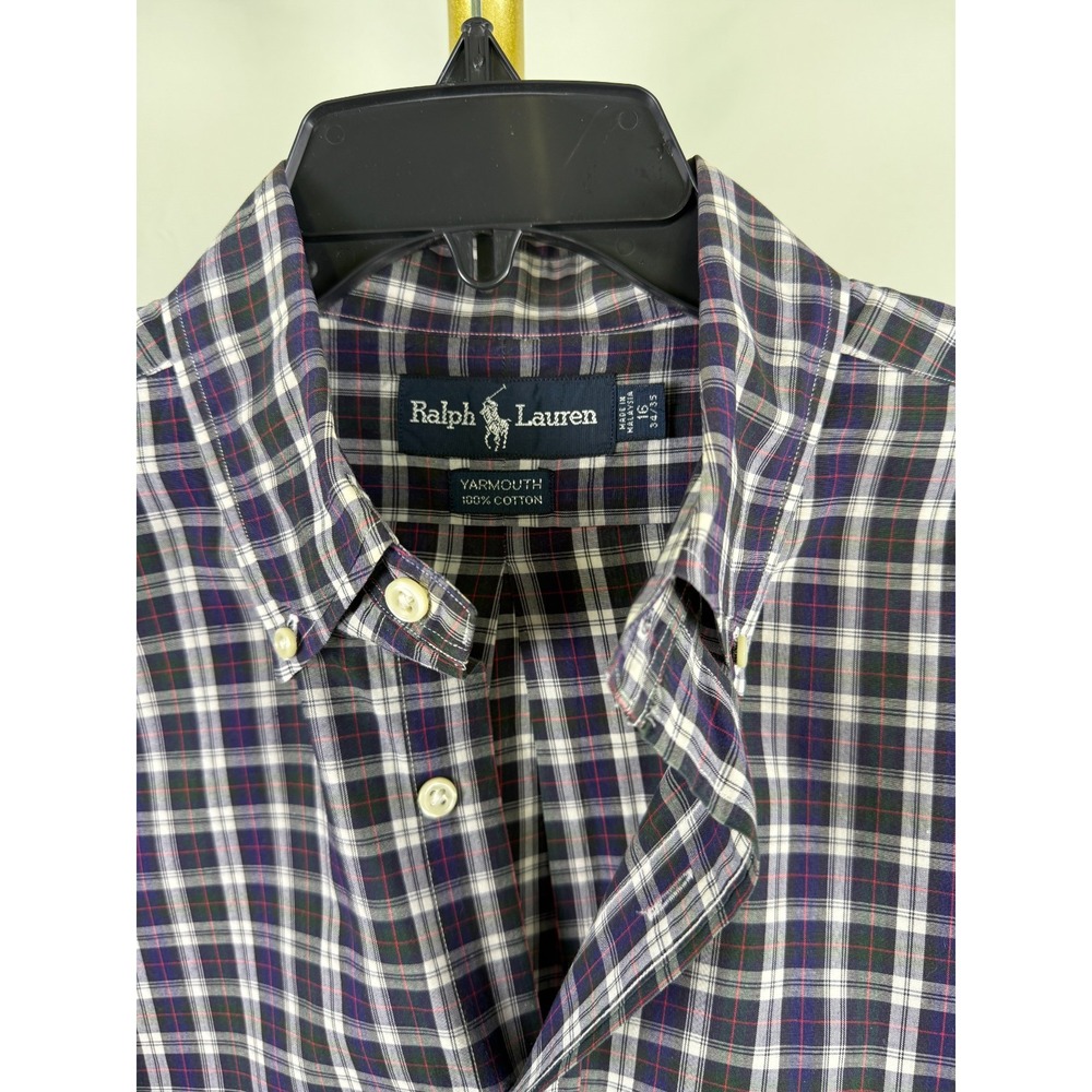 Ralph Lauren Yarmouth Mens 16.5 34/35 Plaid Shirt Navy Green Red Cotton Classic